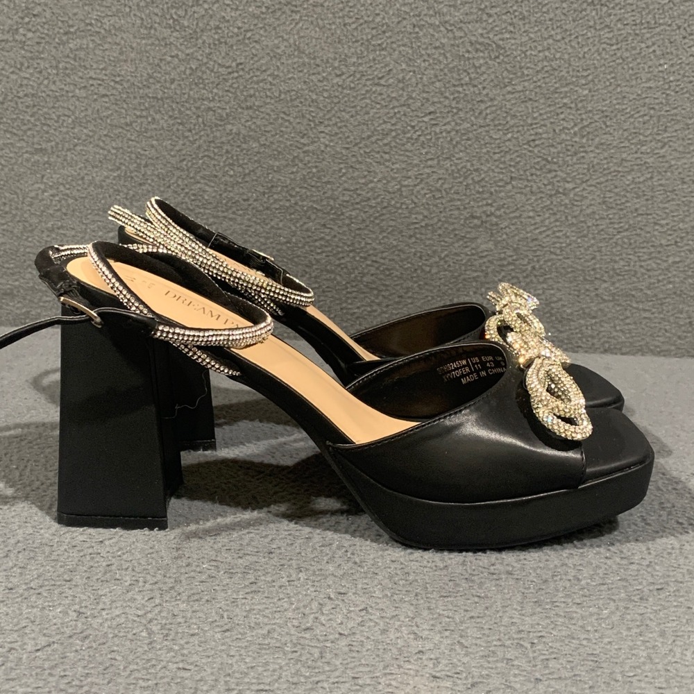 Dream Pairs Platform Heels Women 11 Rhinestone Bow Black Block Sandal Sparkle